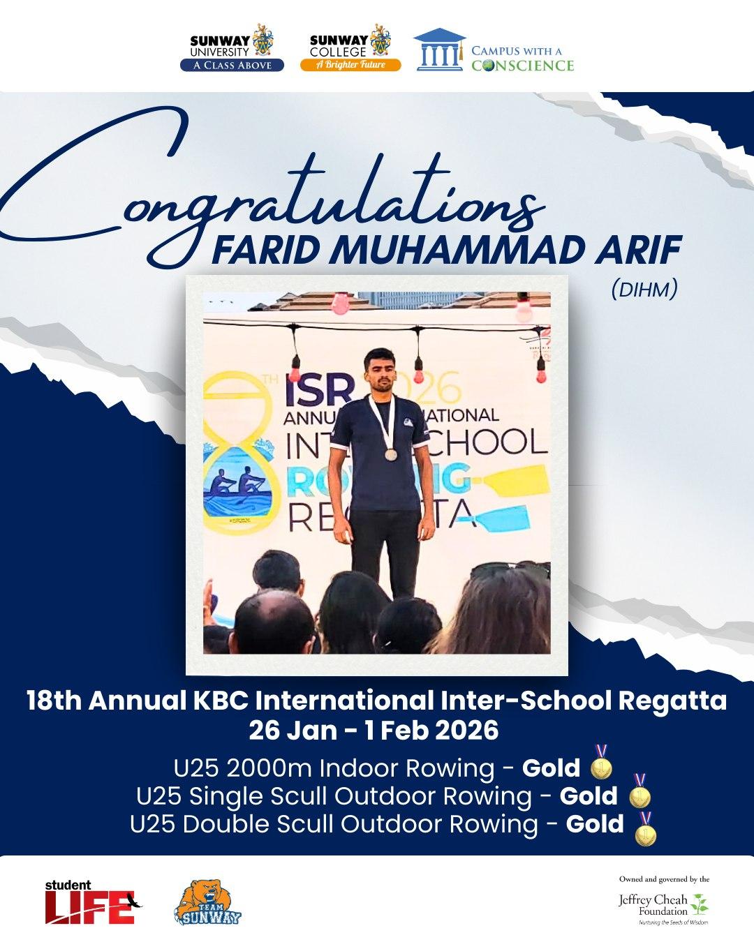 Sunway University Student Nabs 3 Gold Medals in 18th Annual KBC International Inter-School Regatta